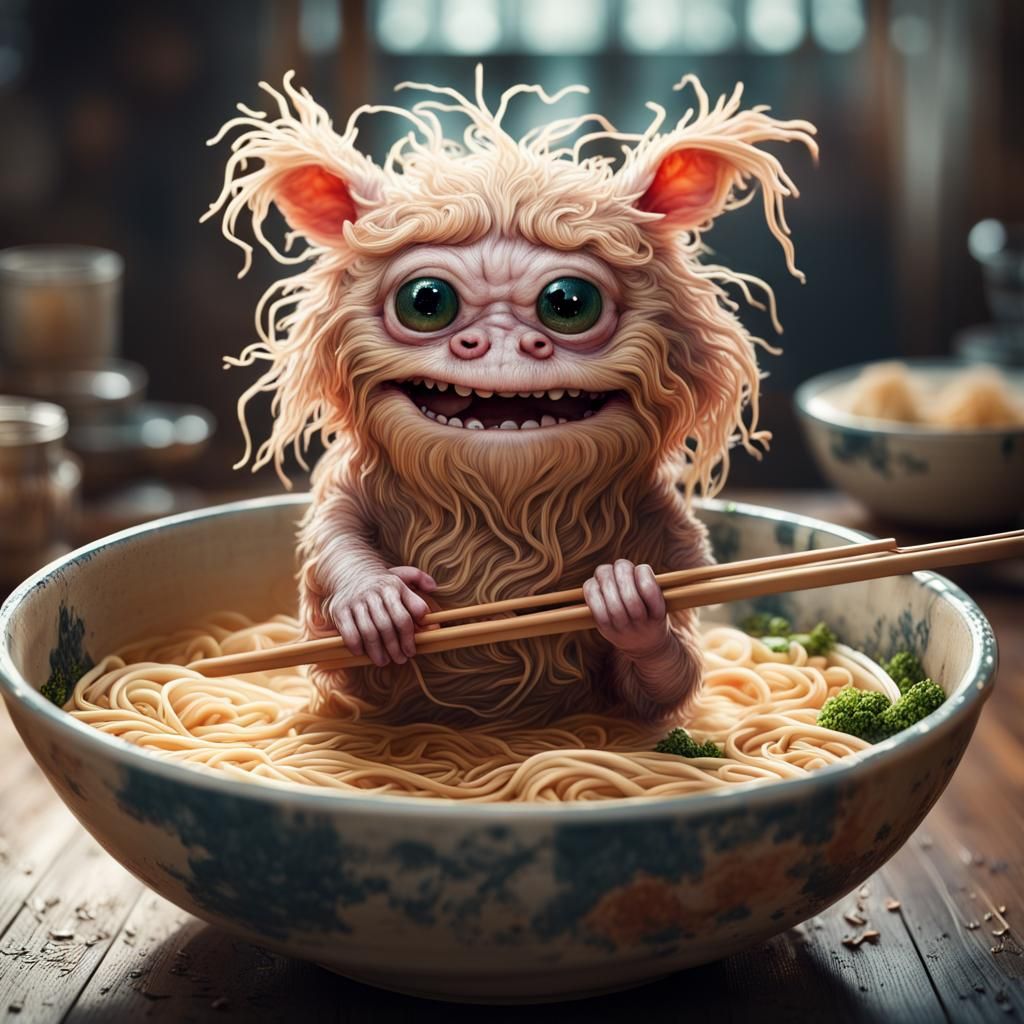 Cute Ramen Monster Portrait in Ramen Bowl