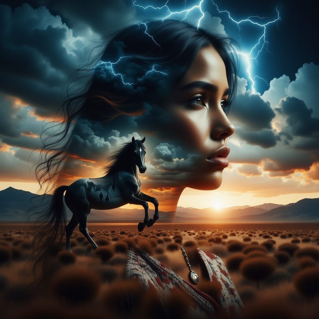 Navajo Girl Portrait Blended with Rearing Stallion