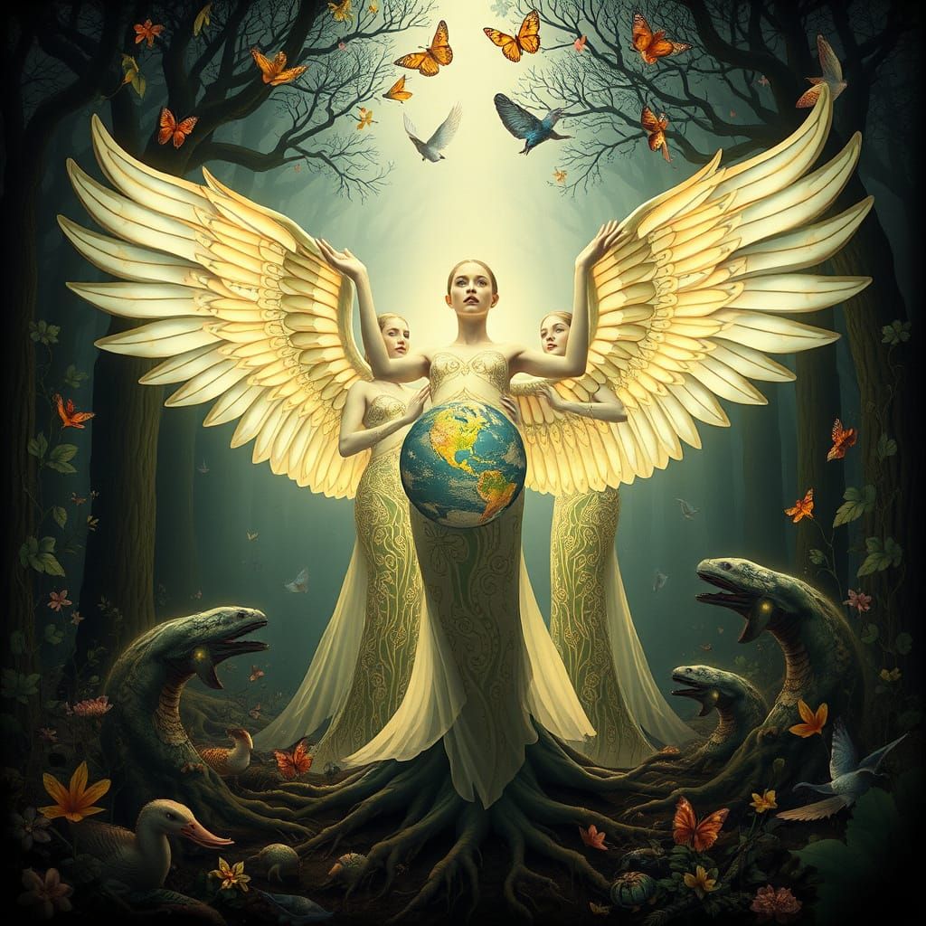 Women in Nature, Blossoming with Swan Wings and Iridescent V...