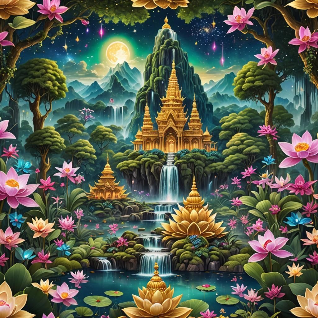 Ethereal Golden Palace Under Sparkling Galaxy Sky