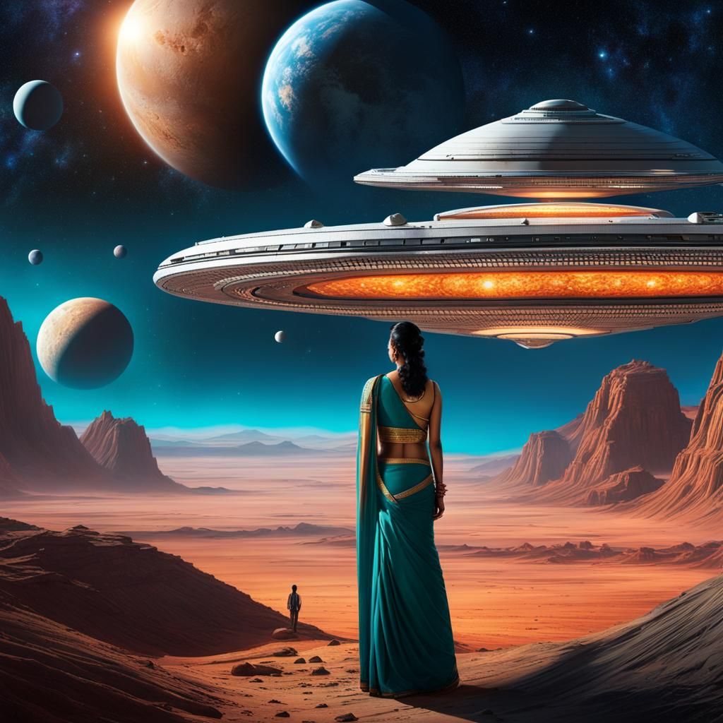 Indian Woman Gazing at Spaceship on Alien Planet