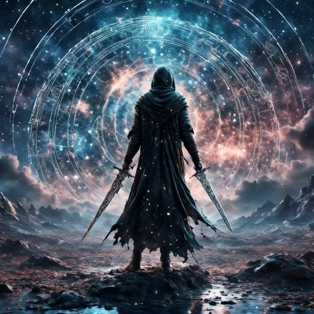 Mystic Warrior in Digital Constellation Landscape