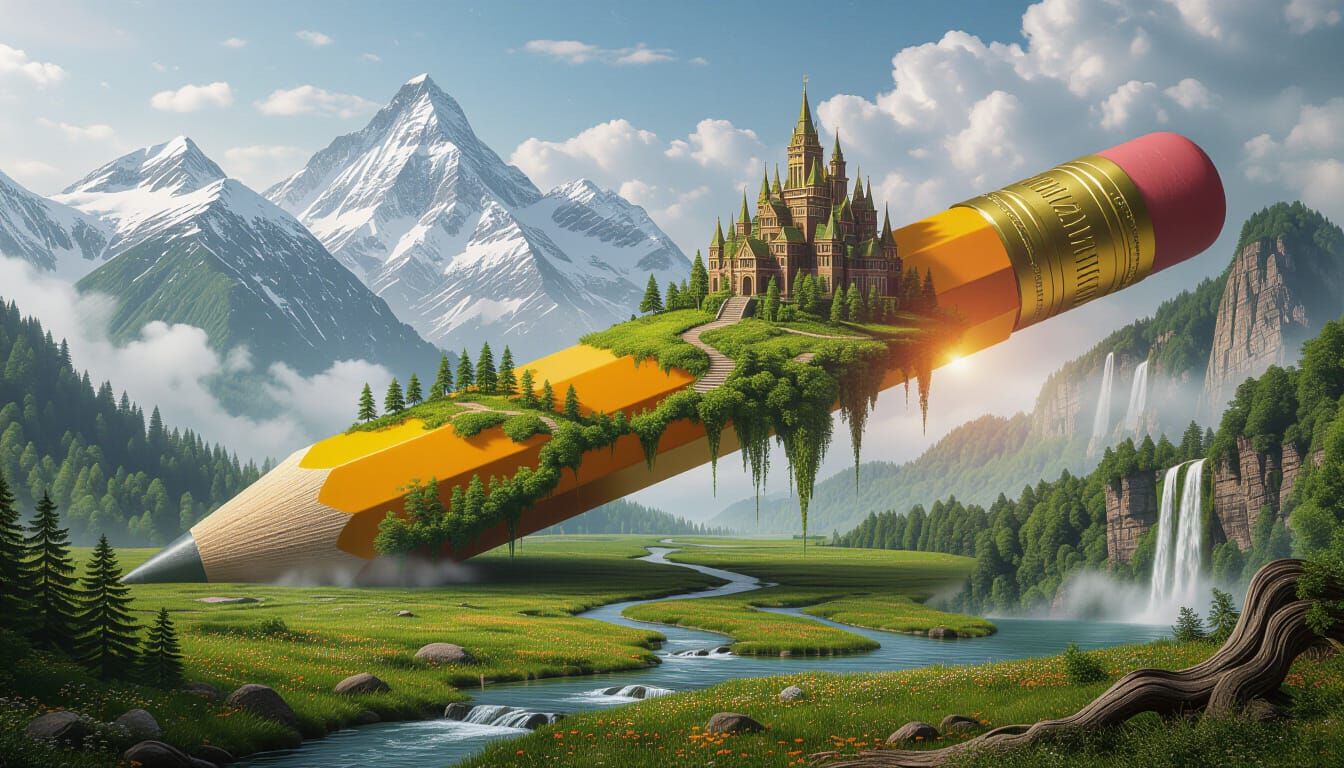 Ancient Village on Giant Pencil in Mystical Landscape