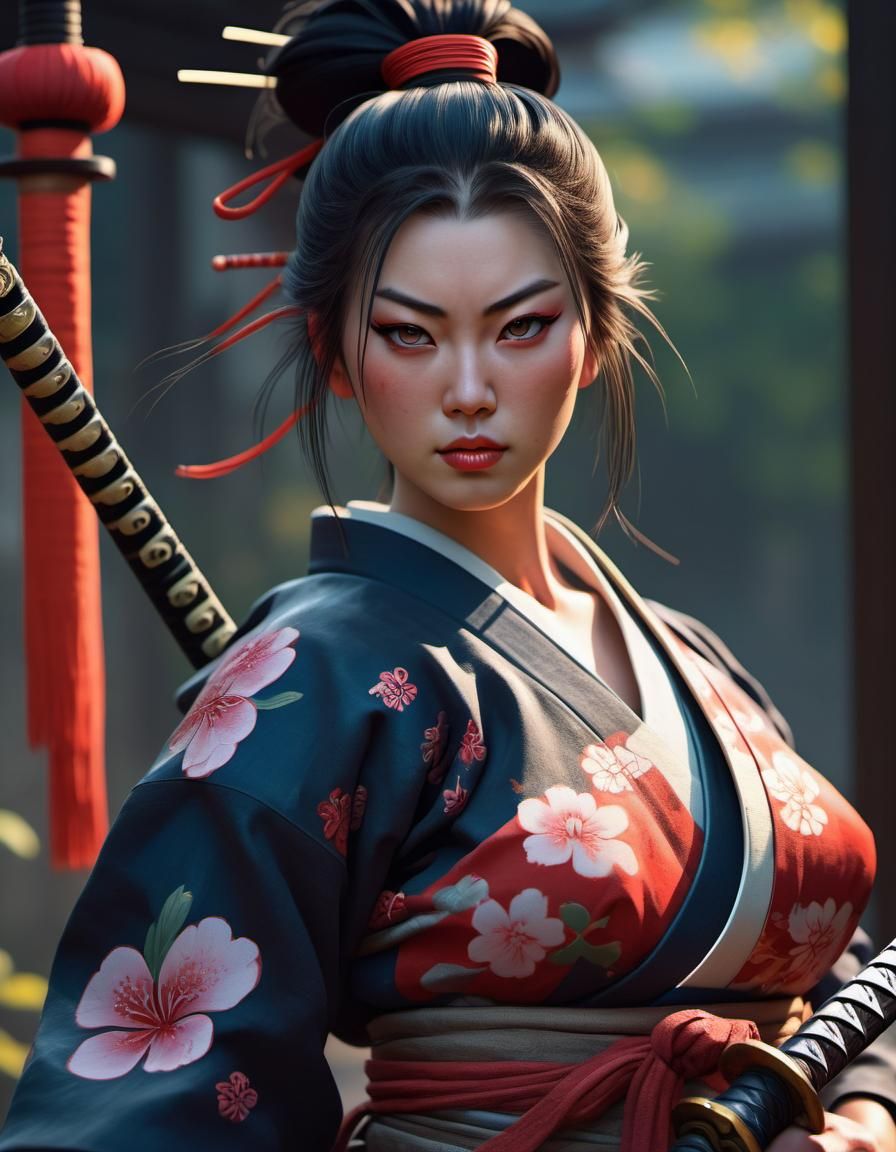 Beautiful Samurai Woman with Katana, Pin-Up Art