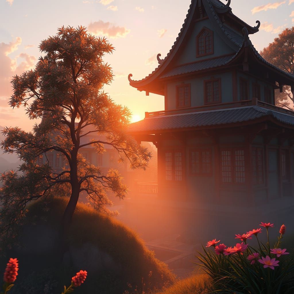 Ethereal Morning Scene in 3D Anime Style