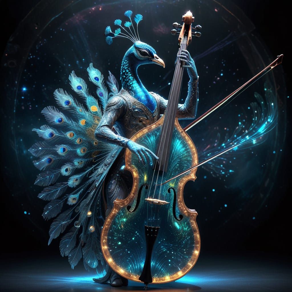 Hologram Peacock Plays Contrabass in Cosmic Space