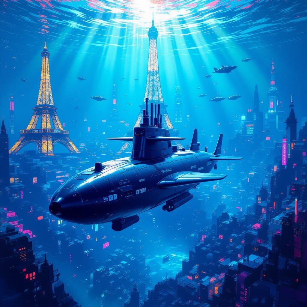 Underwater City with Submarine Carrier in Splash Art Style