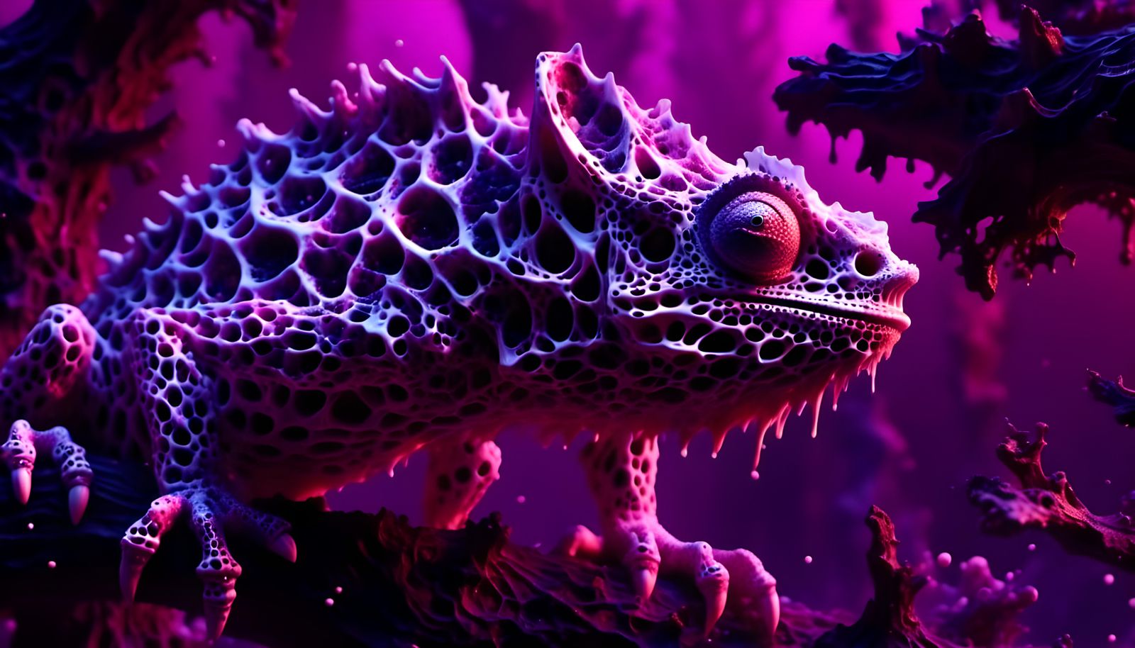 Hyperrealistic Red Chameleon Hunting in Violet Forest