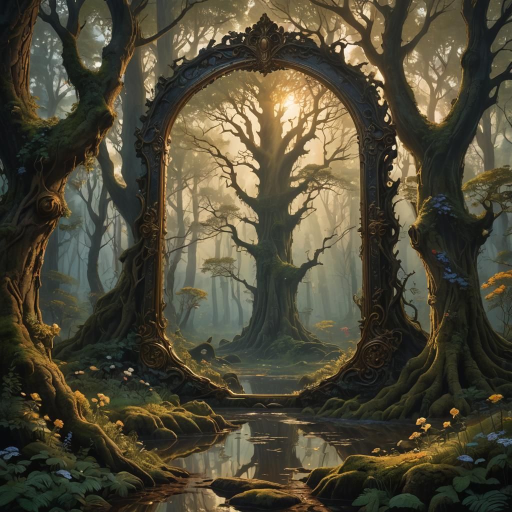 Ornate Mirror Reflects a Lush Forest, Detailed Art
