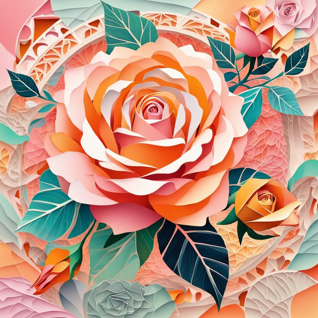 Filigree Fractal Rosebud Collage in Cubist Style