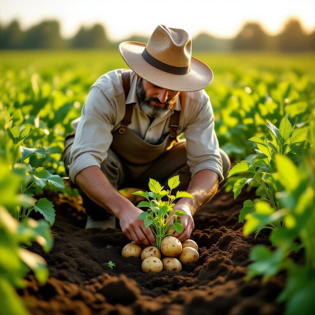 Farmer Harvesting Potatoes in Golden Sunlight