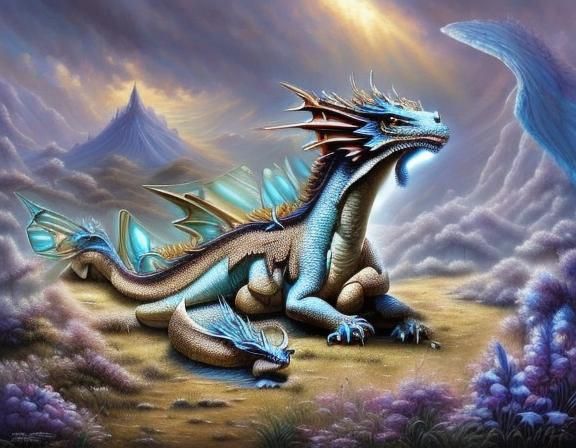 Fairy Riding Dragon in Psychedelic Snowscape Illustration