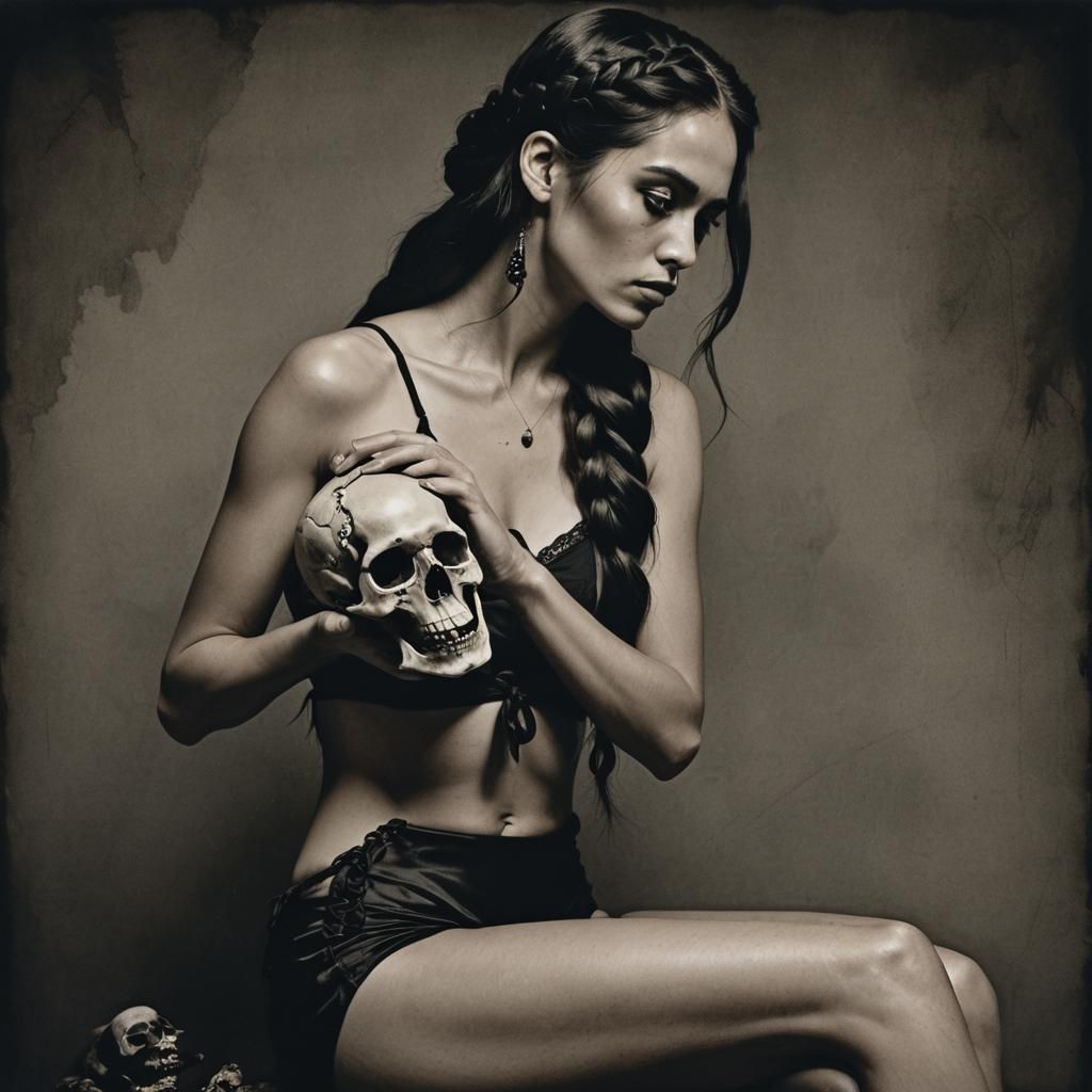 Dark Academia Portrait with Skull in Baroque Lighting