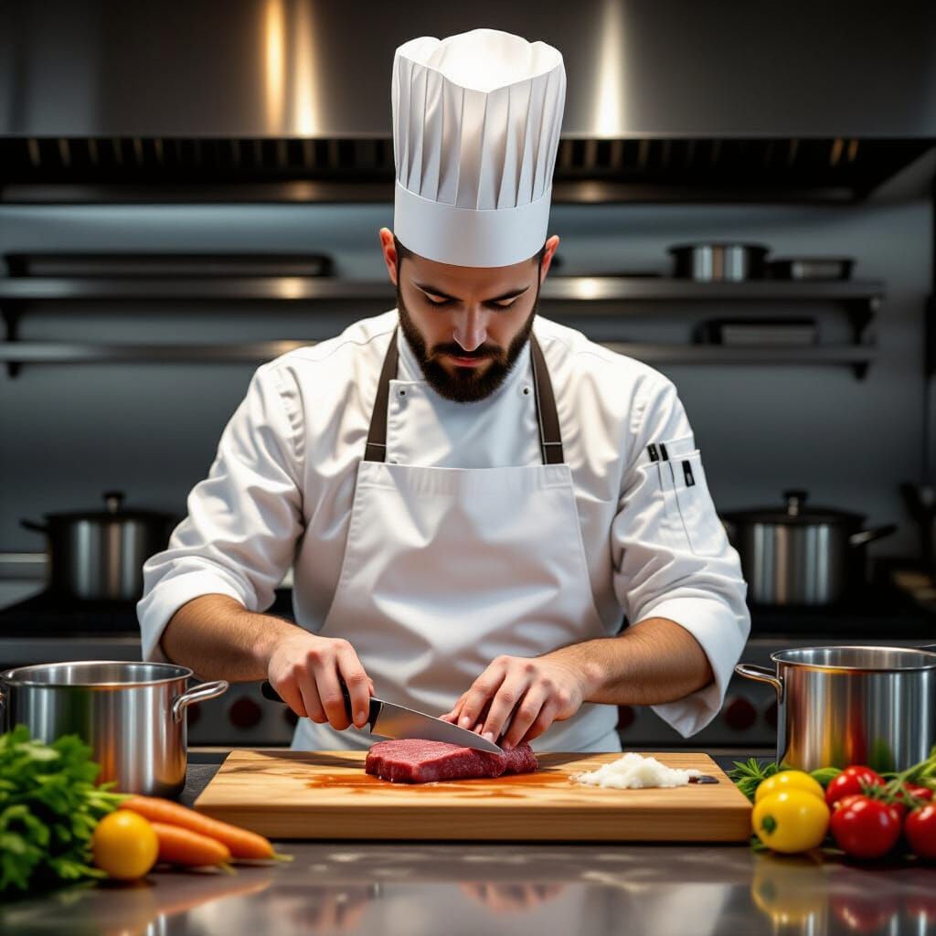 Hyper-Realistic Chef Cutting Beef in Modern Kitchen