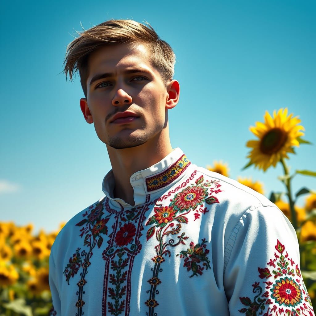 Man in Embroidered Shirt in Sunflower Field, Digital Art