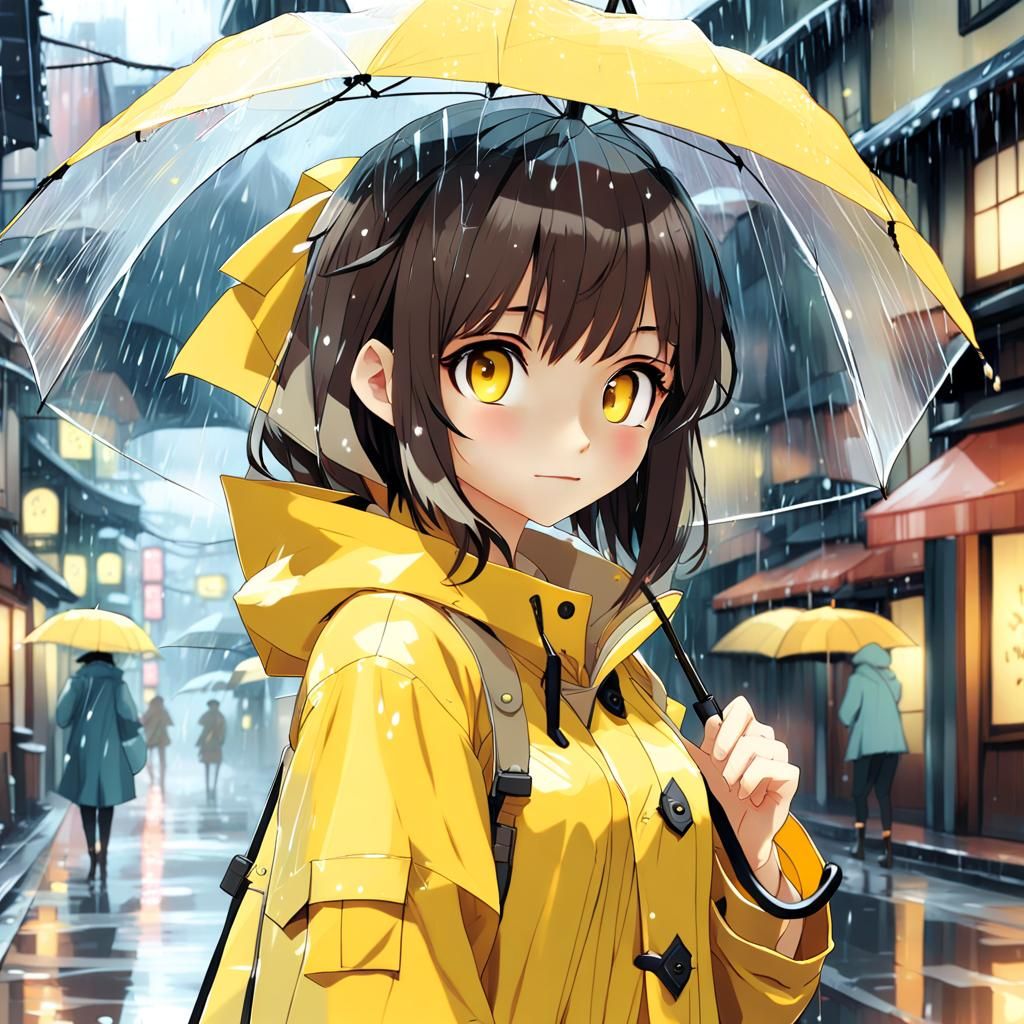 Anime Girl in Rain with Umbrella, Ghibli Style