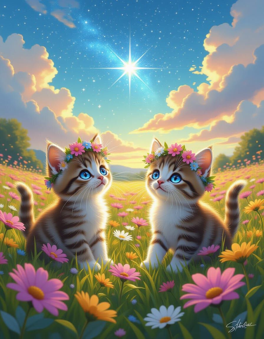 Kittens with Flower Crowns in Shimmering Field