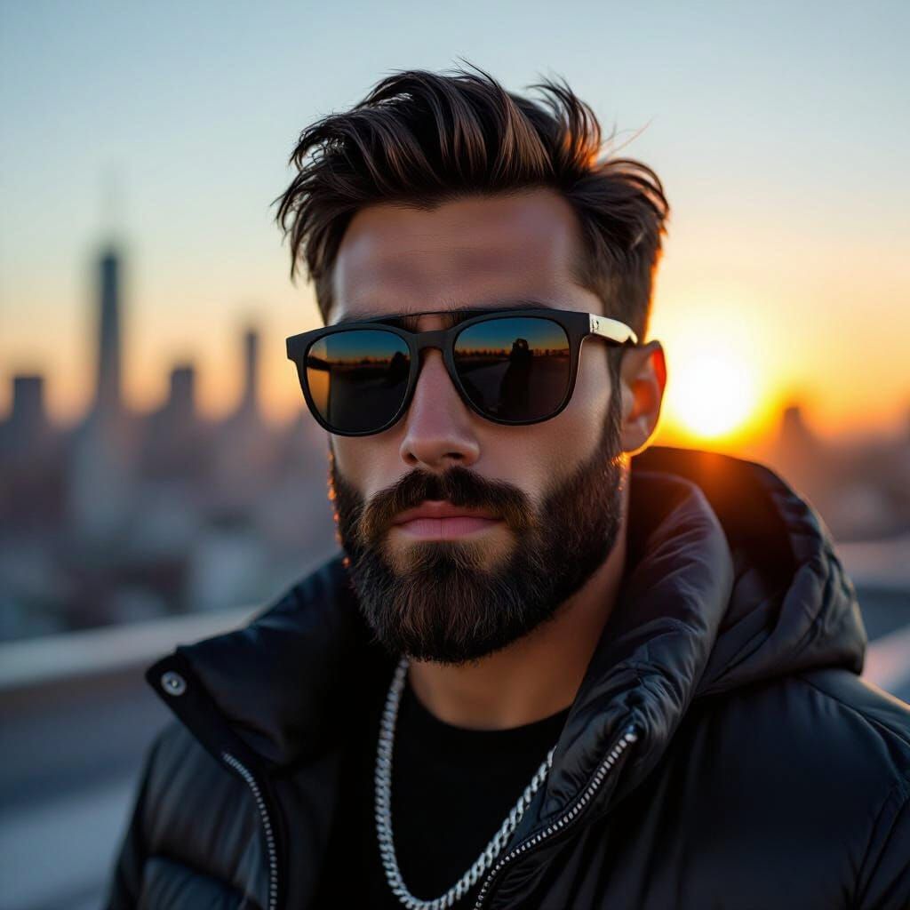 Handsome Man in Sunglasses at Sunset Rooftop Photo