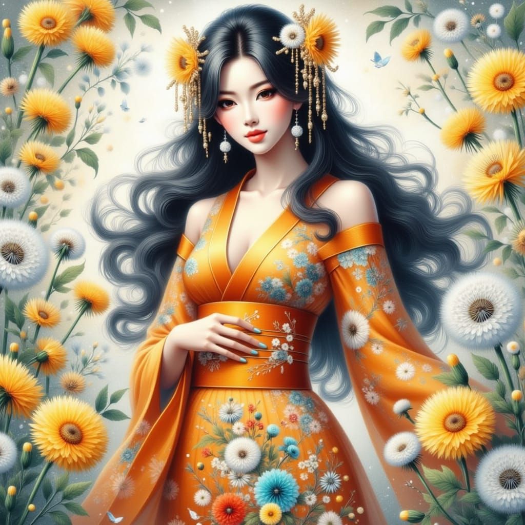 Surreal Japanese Woman in Vibrant Floral Dress with Dandelio...
