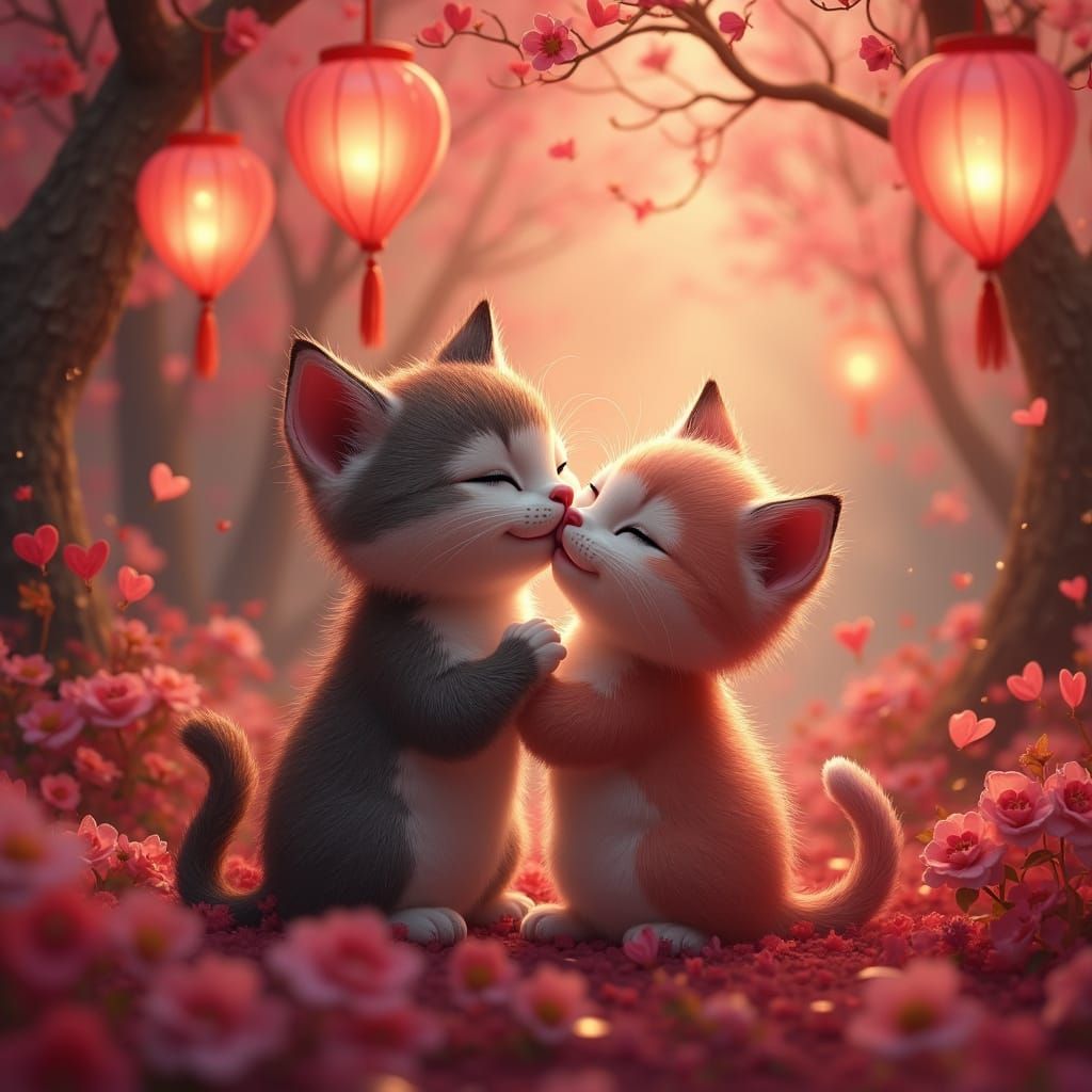 Whimsical Feline Lovers in a Romantic Wonderland