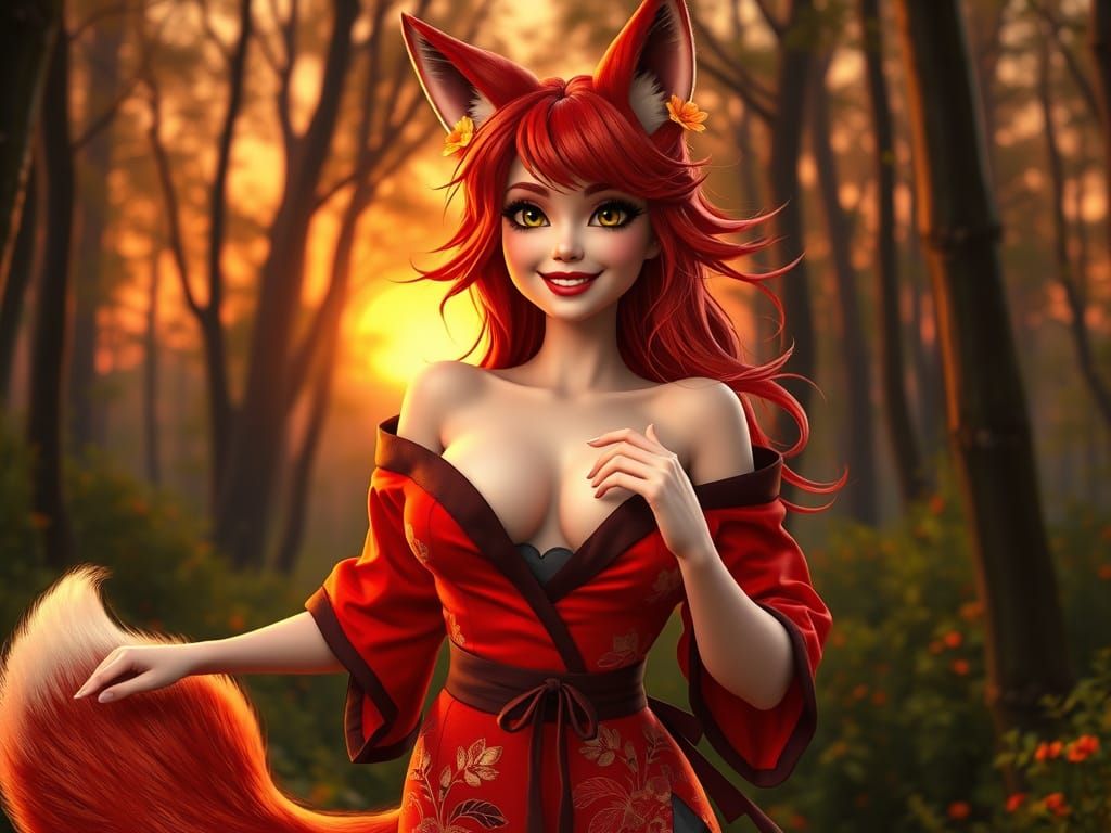 Sultry Fox Lady Dancing in Forest, Digital Art