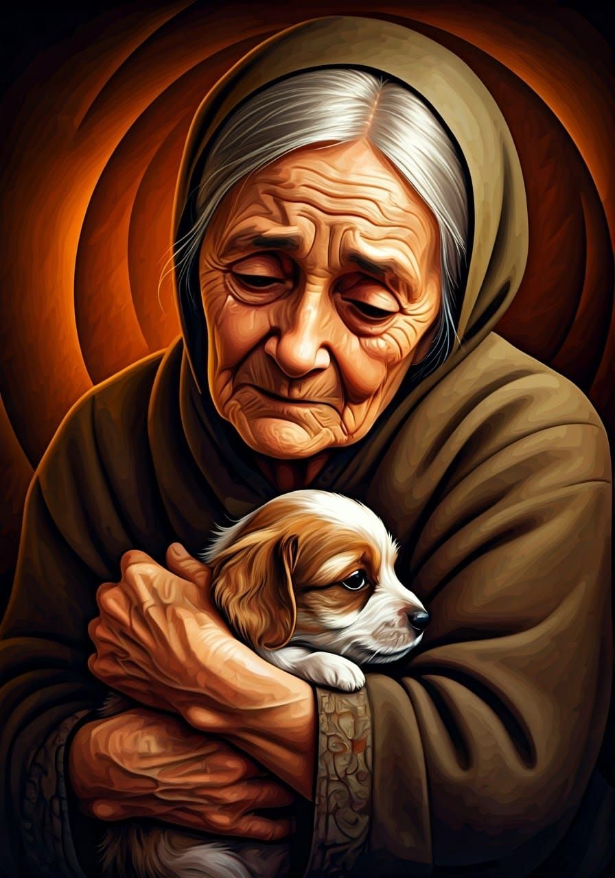 Touching Portrait of Woman and Dog in Cubist Style