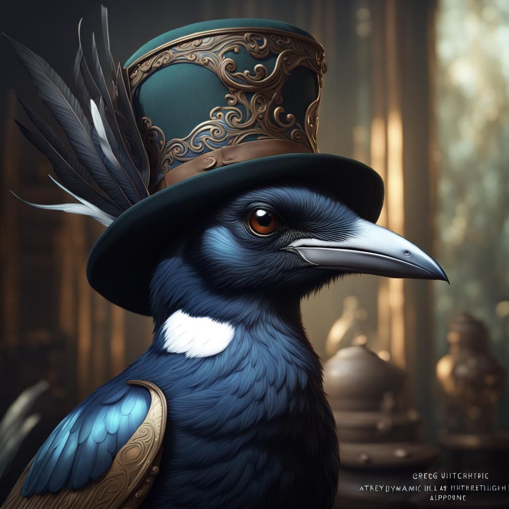 Magpie in Australian Hat: Dark Fantasy Art
