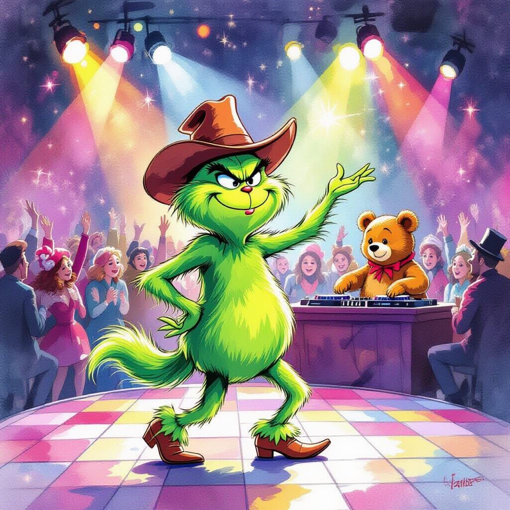 The Grinch Dances Disco: Watercolour Beatrix Potter Style