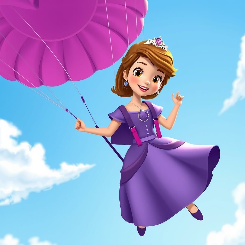 Princess Sofia Soaring with Purple Parachute, Disney Style