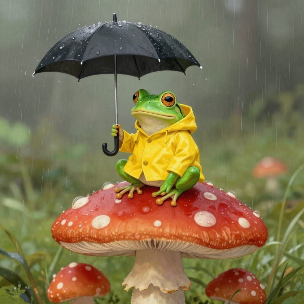 Whimsical Frog in Raincoat on Mushroom