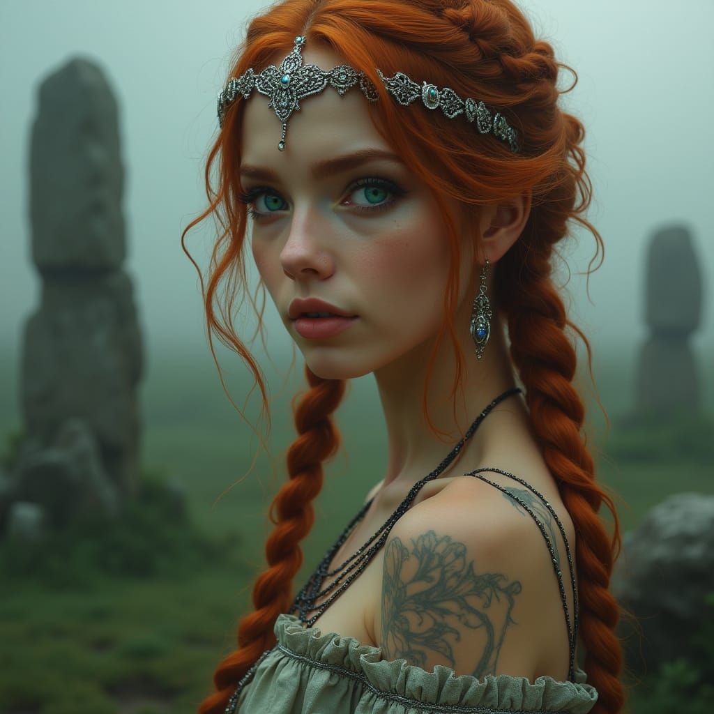 Heterochromatic Woman with Silver Circlet, Art Nouveau Style