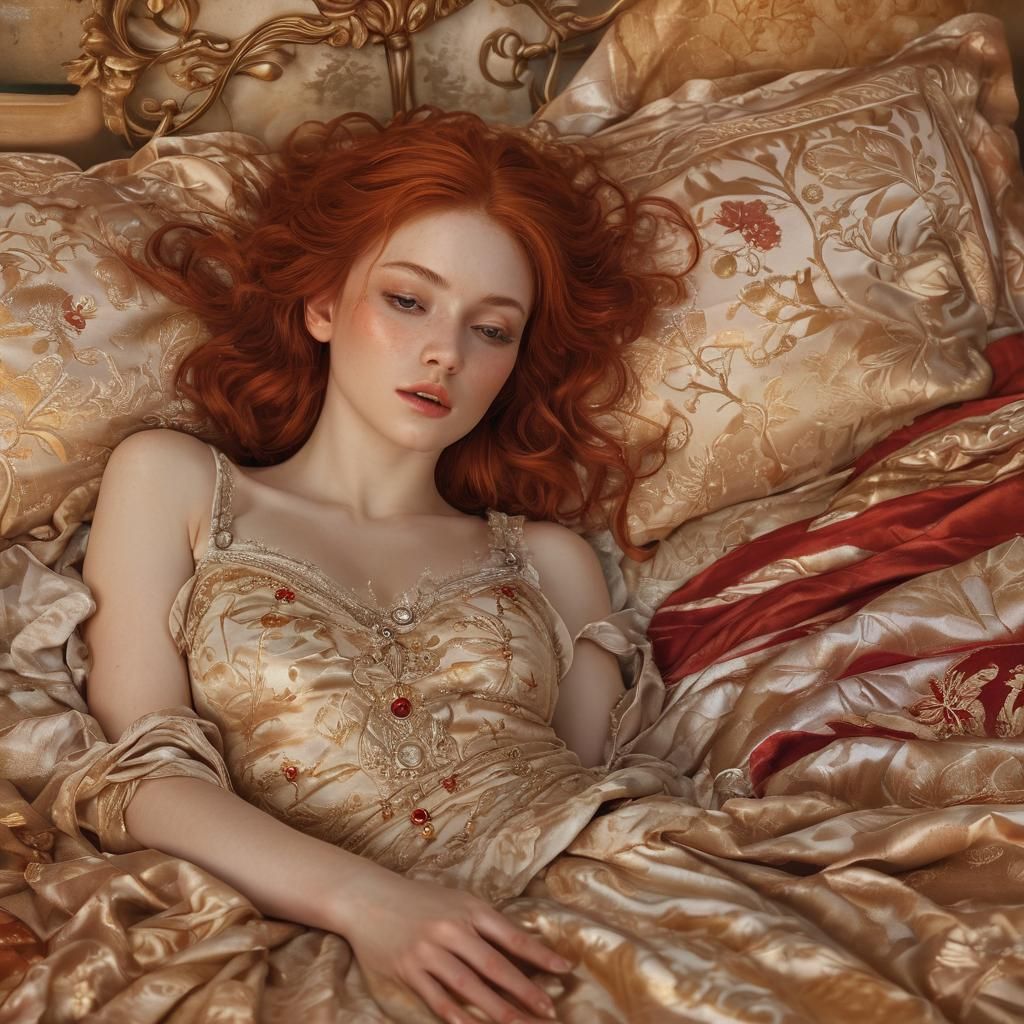 Red-Haired Girl on Bed in High Fantasy Style