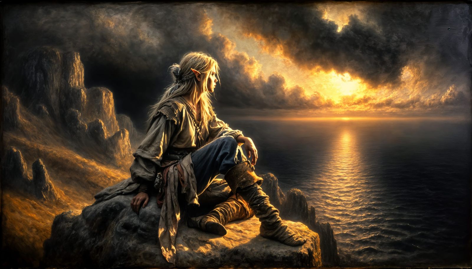 Tenebrist Nomadic Elf Contemplates the Ocean at Sunset