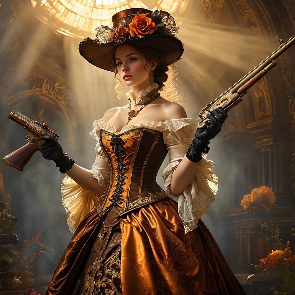 Victorian Woman with Rifle in Steampunk Action Painting