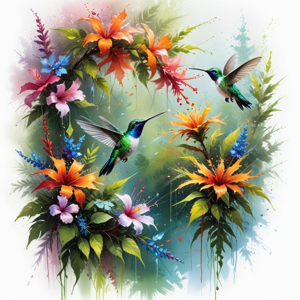 Surreal Hummingbird Soars Amid Vibrant Tropical Blooms in a ...