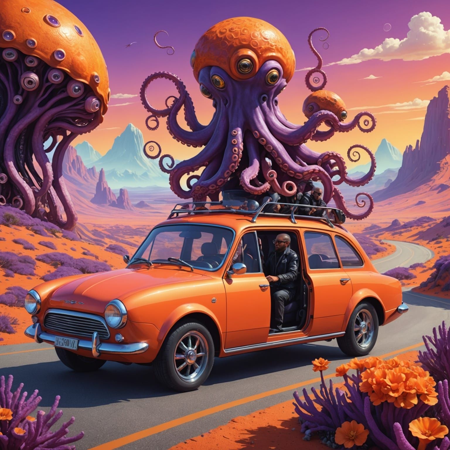 Octopus-Human Hybrids Road Trip in Sci-Fi Landscape
