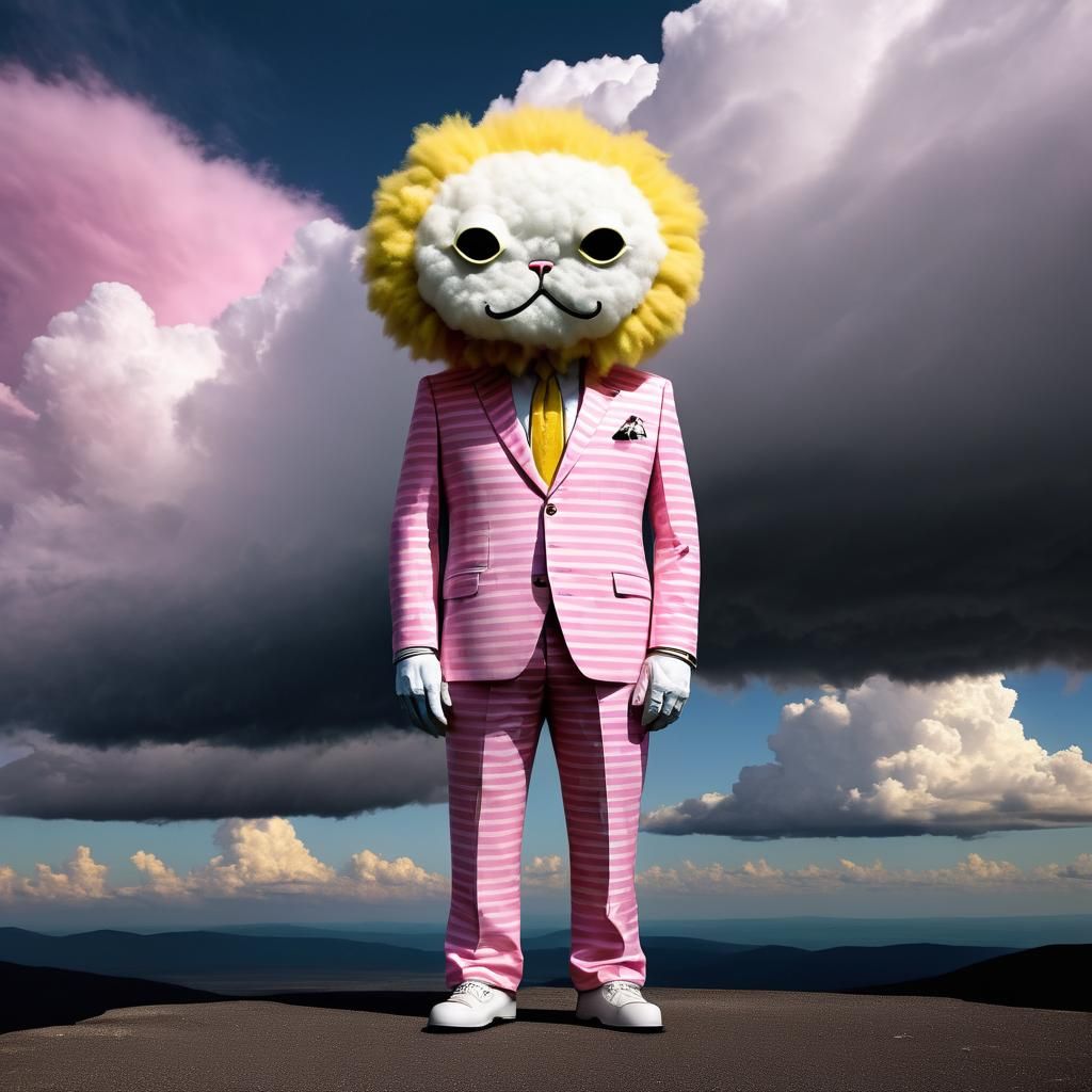 Surreal Cat-Humanoid Figure in Cloudy, Stormy Sky