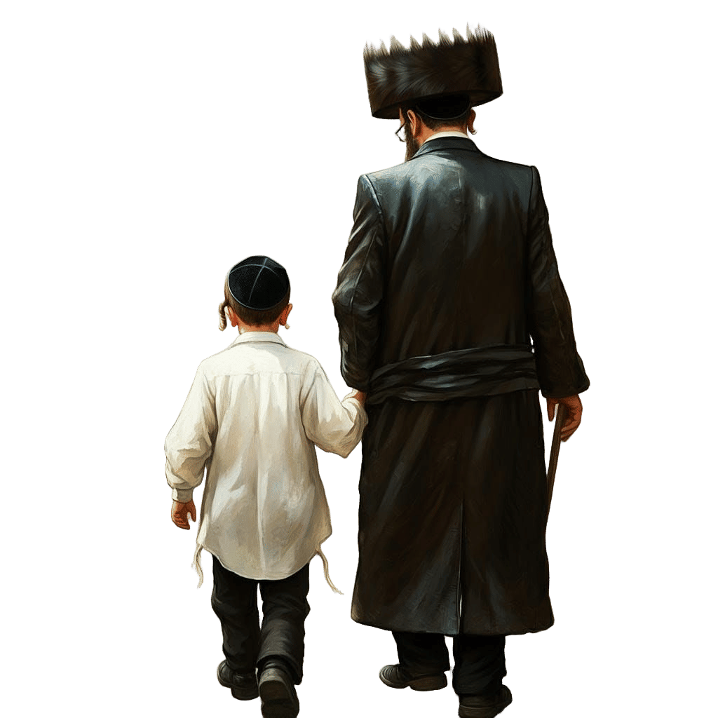 Devout Hasidic Father and Son Walk to Synagogue in Soft Morn...