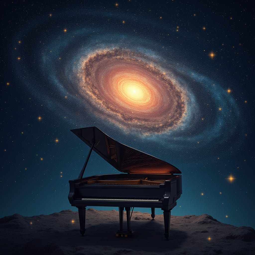 Piano at Galaxy's Edge in Atmospheric Surrealism