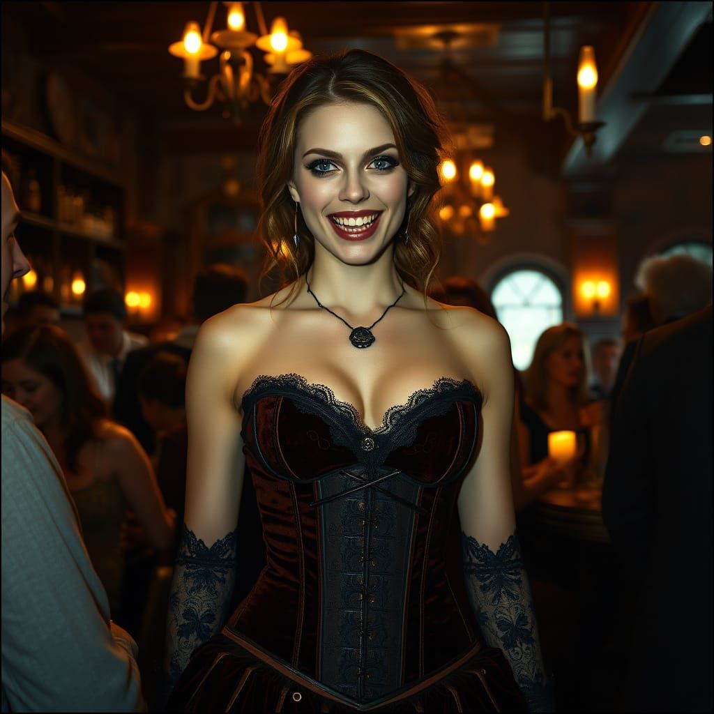 Porcelain Vampire in Whimsical Pub Setting