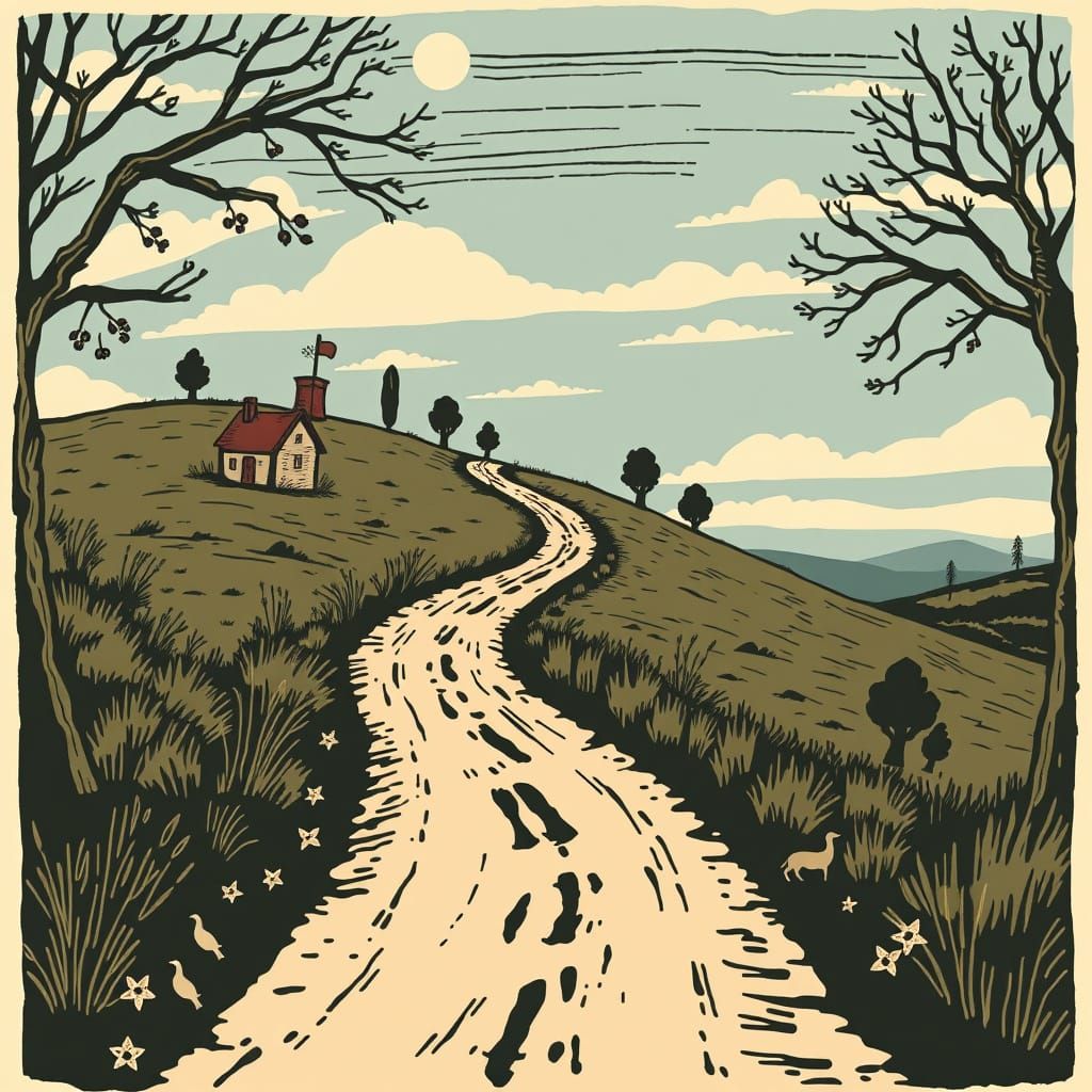Stylized Road to Destination in Woodcut Style
