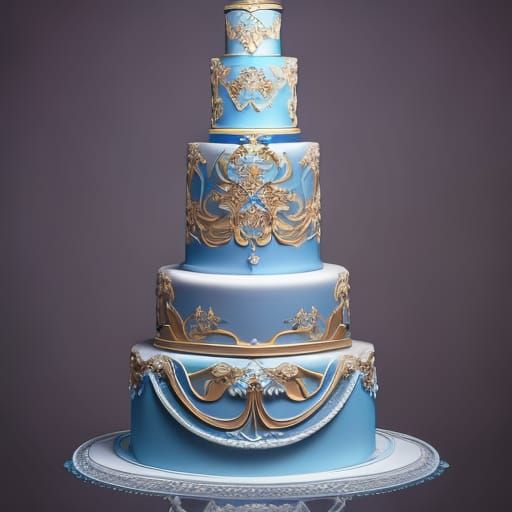 Elegant Blue and Gold Wedding Cake: Detailed 8K Art