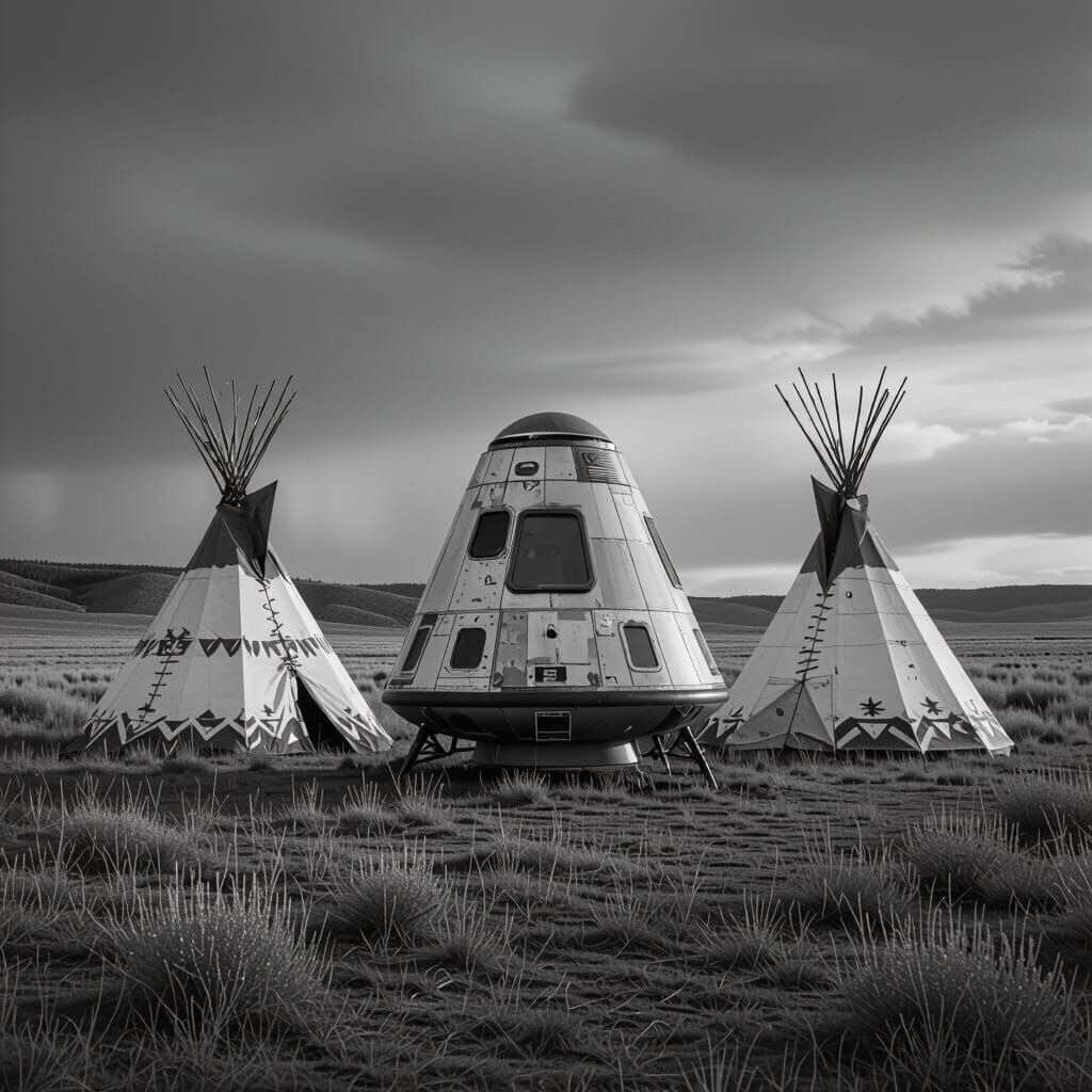 Space Capsule Among Teepees: Ansel Adams Style