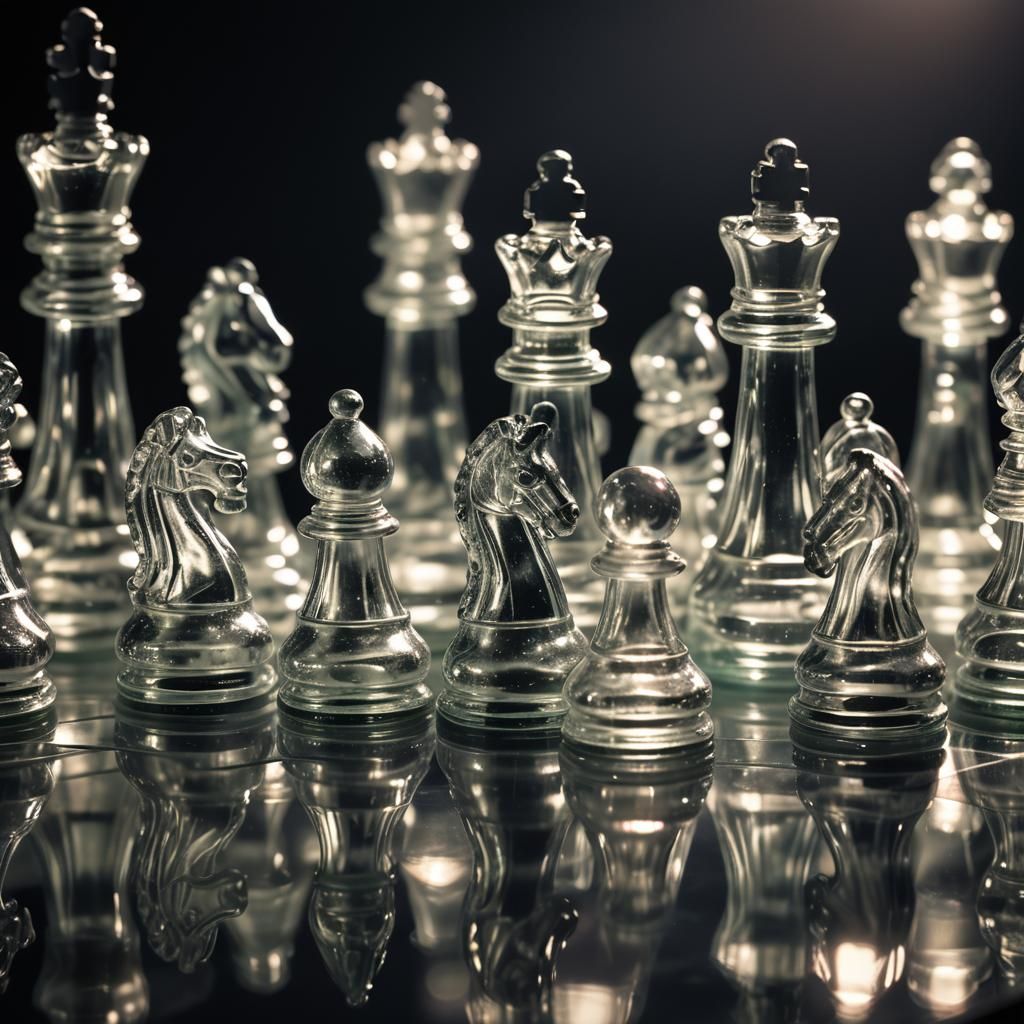 Dramatic Glass Chess Game in Film Noir Style