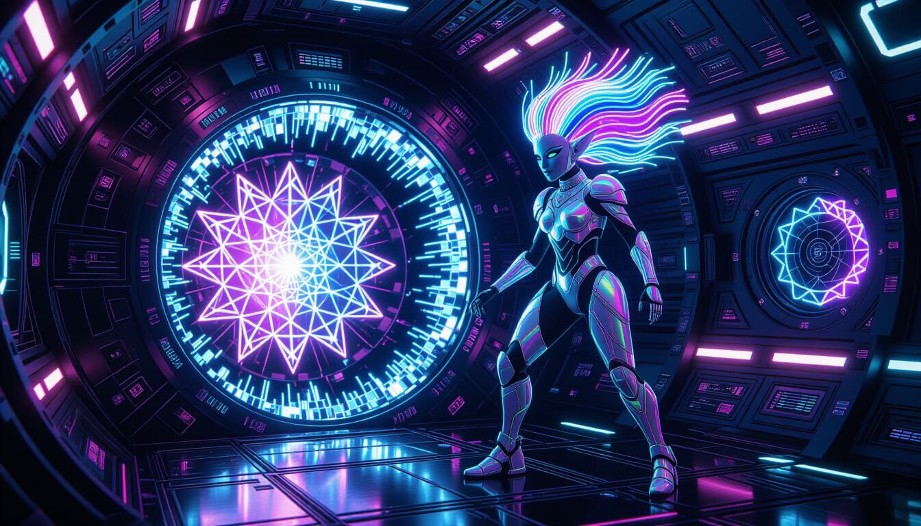 Machine Elf Emerges from Portal in Futuristic 3D Art