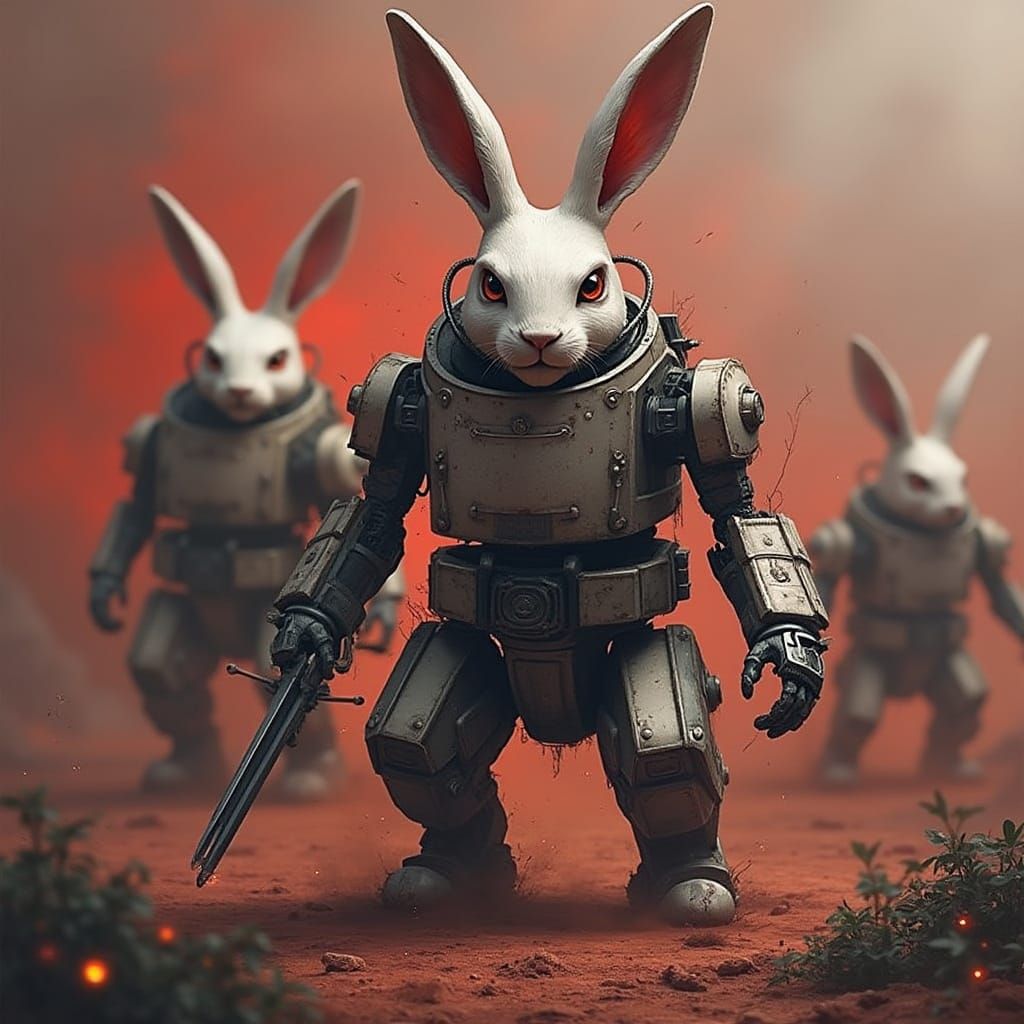 Surreal Robot Rabbits Amidst a Dark, Futuristic War Scene