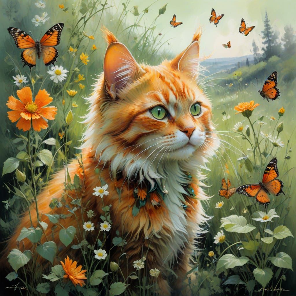 Whimsical Oil Painting of Orange and Green Feline Paradise