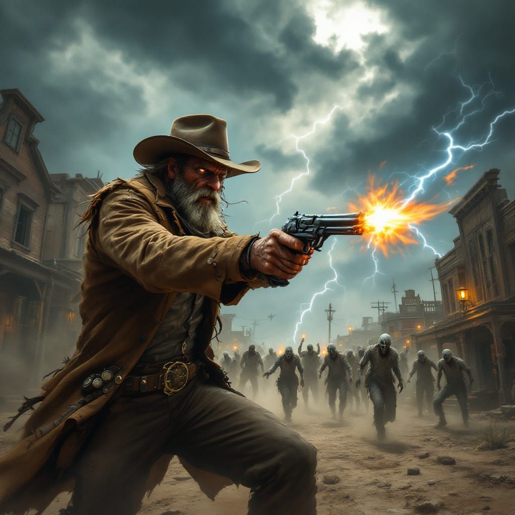 An Armed sheriff cowboy fighting a hoard of zombies in a post apocalyptic creepy ghost town scene, guns blazing as they ...