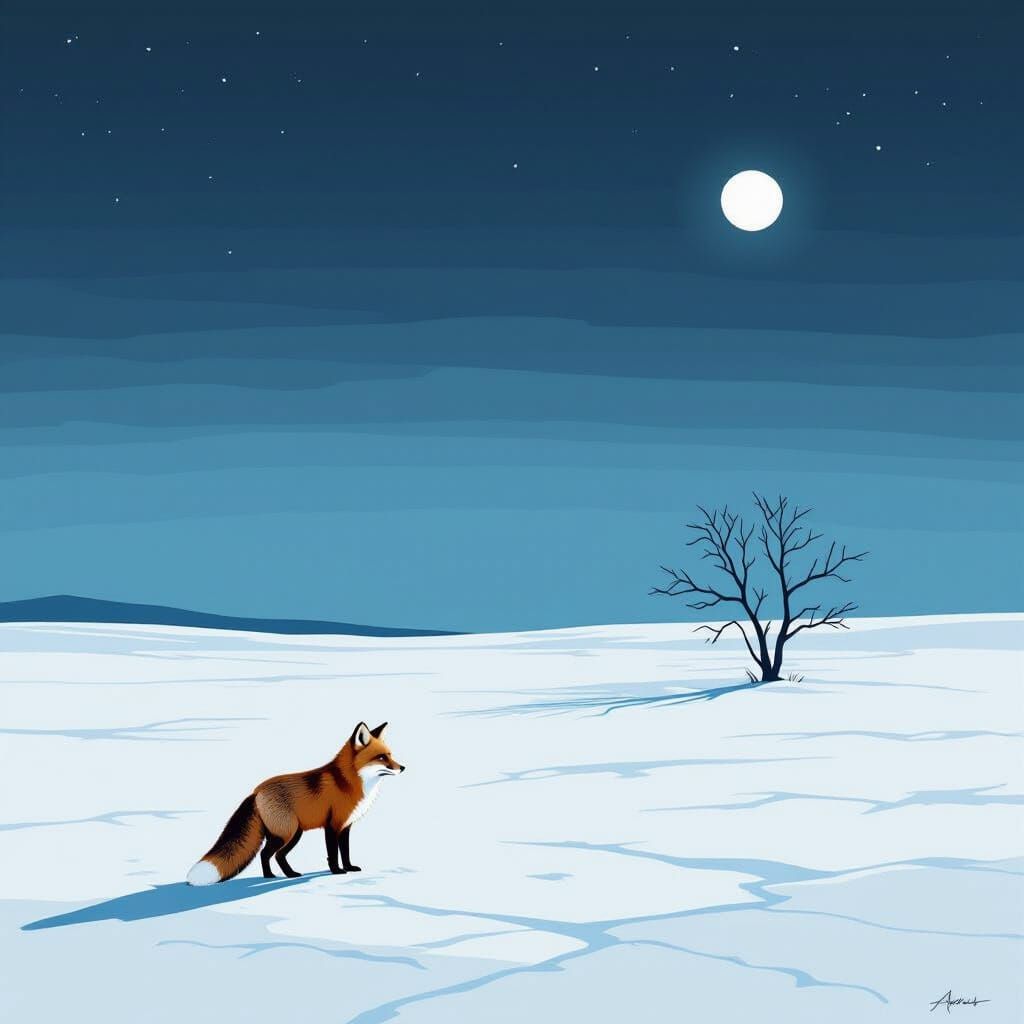 Solitary Fox in Stark Snowscape Under Twilight Sky