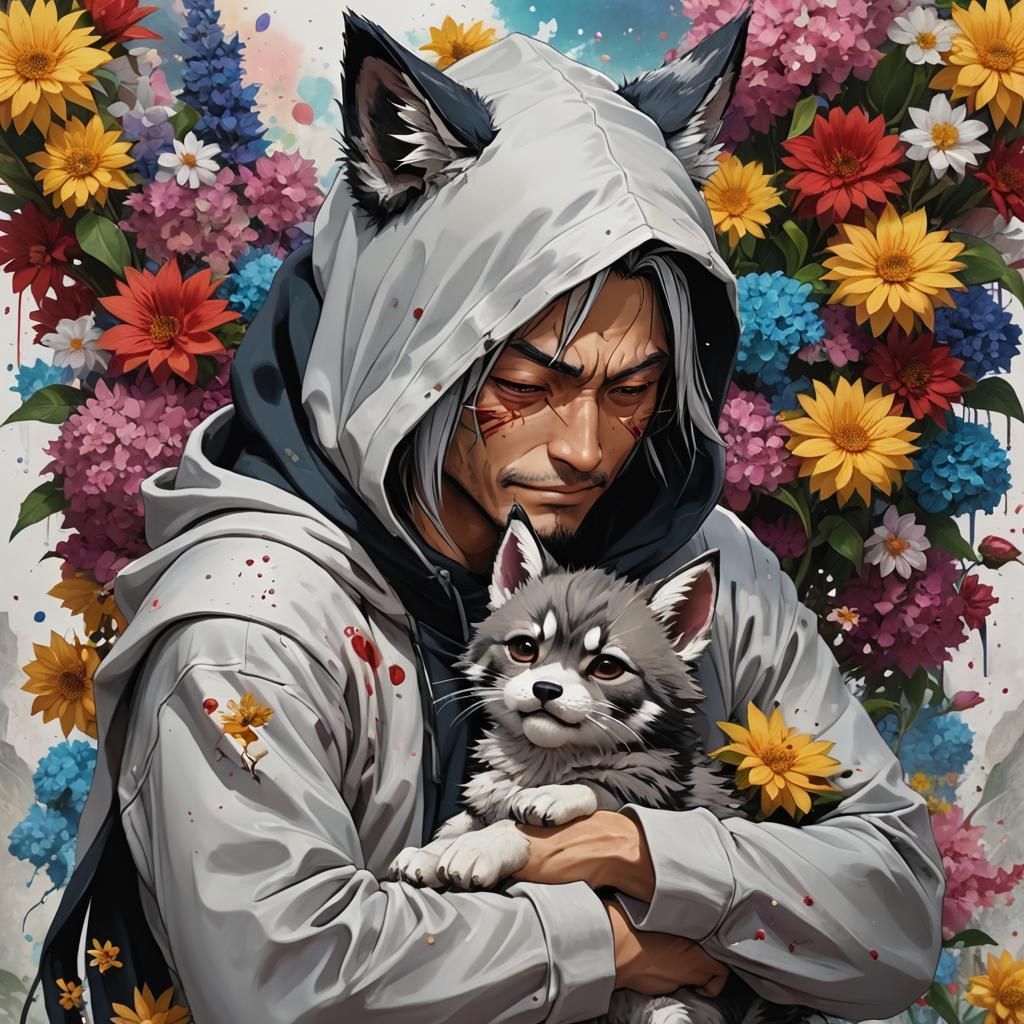 Anime Character with Wolf Cub in Colorful Landscape